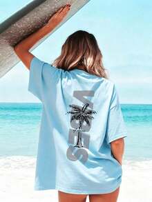 Women's Minimalist Coconut Tree Slogan Print Casual Round Neck Short Sleeve T-Shirt, Simple & Versatile, Suitable For Daily & Holiday Wear. Graphic Tee, Women, White, Black, Pink SummerShort Sleeve T-Shirt, Spring Layering, Casual Tops, Basic Tee, Unisex, Couple Matching, Men & Women - 藍色 - 查看 1