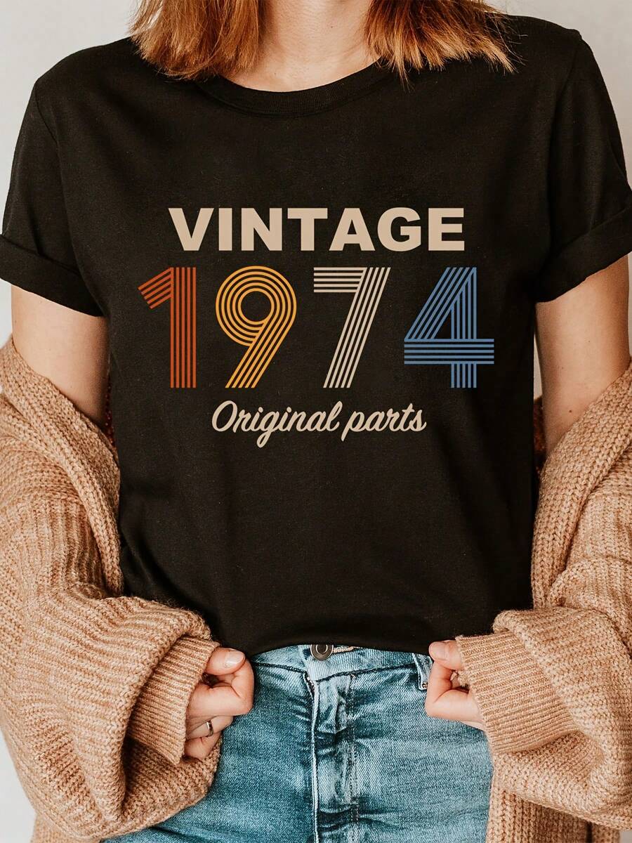Camiseta Retro Vintage de los 50s con Estampado de Letras de Moda para el 50º Cumpleaños, Piezas Originales de 1974, Manga Corta, Cuello Redondo, Top Casual para Verano y Primavera, Ropa de Mujer, Camiseta de Algodón Cómoda - Negro - Ver 1