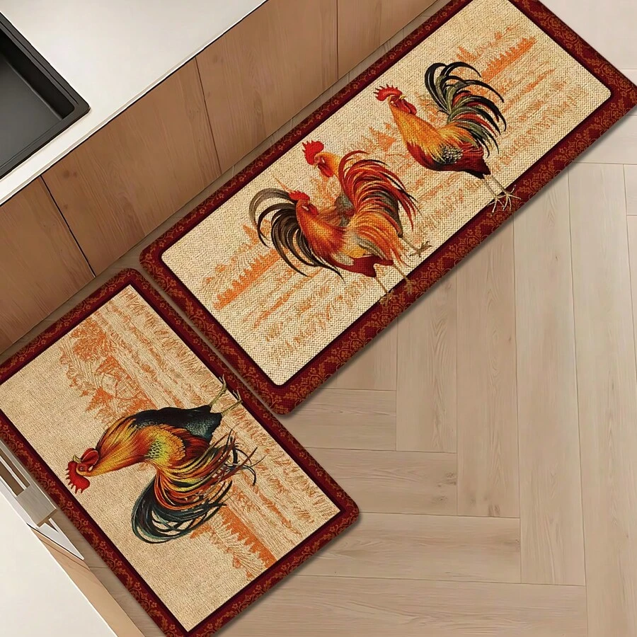 1件家居装饰,公鸡图案印花亚麻厨房地毯,可作地垫、浴室垫、门垫,3D印花长方形,适用于客厅、卧室、走廊、浴室、洗衣房 - 涤纶地毯,室内外家居装饰 - 彩色 - 查看 1