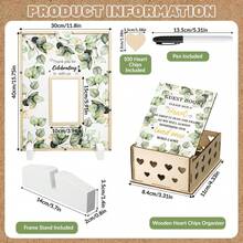 Rustic Eucalyptus Leaves Wedding Guest Book Alternative - Drop Box Picture Frame With 100 Wood Hearts & Pen For Reception & Ceremony - Square Wood Design - Heart - View 2