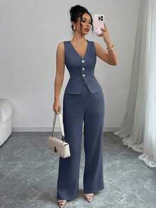 Conjunto de camiseta sin mangas y pantalones elegante para mujer, estilo de oficina y transporte, atuendo de otoño para maestros - Azul - Ver 1
