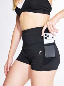 Shorts deportivos de verano de cintura alta con dobladillo dividido de unicolor - Negro - Ver 10