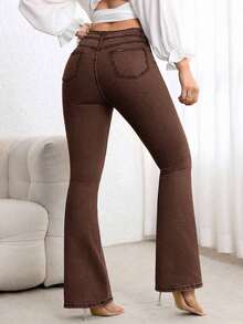 Jeans de talle alto con vuelo de unicolor simple para uso casual y de oficina de las mujeres - Albaricoque - Ver 2