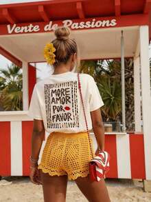 Camiseta de mujer, camiseta de manga corta con gráfico de estilo casual de calle, top de verano lindo - Albaricoque 3 - Ver 5