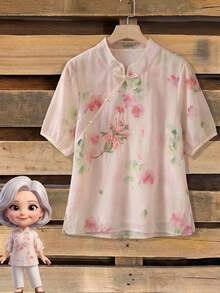Gift For Mom, Floral Embroidered Blouse, Elegant Loose Short Sleeve Shirt Suitable For Spring Outings, Vacations And Family Gatherings Summer - Apricot Pink - View 3