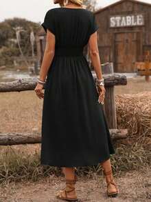 Vestido midi de manga abullonada con escote cruzado, cintura fruncida y espalda retorcida en estilo bohemio occidental casual para primavera/verano de mujer - Negro - Ver 2