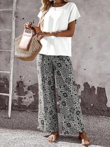 Set de 2 piezas con top de manga corta y pantalón de pierna ancha con estampado geométrico para mujer - Negro - Ver 5