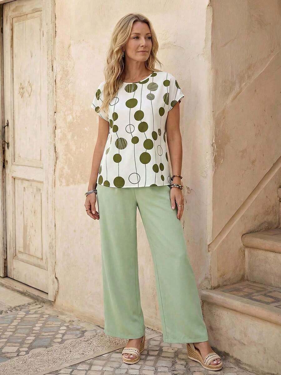 Set de 2 piezas con top de manga corta y pantalón de pierna ancha con estampado geométrico para mujer - Verde - Ver 1