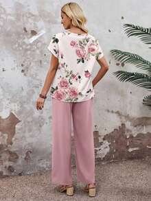 Set de 2 piezas con top de manga corta y pantalón de pierna ancha con estampado geométrico para mujer - Multicolor 11 - Ver 2