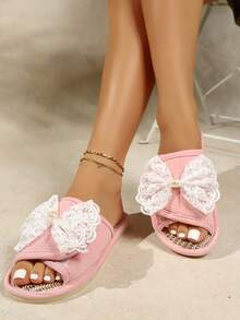 French Pearl Lace Bow Slippers, Women's Hook And Loop Soft Bottom Non-Slip House Slides - Pink - View 1