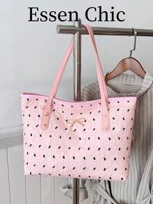 1pc Pink Spring New Metal Bow Decor Large Capacity Nylon Tote Bag, Women Shoulder Bag - Pink - View 7