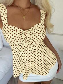 Nueva Colección Primavera/Verano 2026 para Mujer: Blusa/Top sin Mangas con Volantes y Cordón Ajustable, Estampado de Lunares Marrones, Estilo Casual y Versátil, Top de Verano - Amarillo - Ver 5