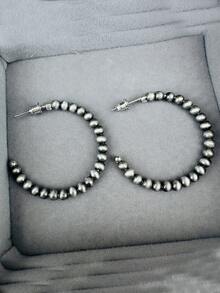 3 Pares Pacote de Valor Conjunto de Brincos com Contas, Brincos de Argola de Estilo Pérola Turquesa + Escovada Antiga com 4,5cm, Uso Diário Versátil para Mulheres - Azul - Visão 9