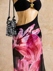 2 piezas Conjunto de bikini para mujer, bikini con decoración de flor de metal y tirantes ajustables, vestido de playa bohemio con estampado de malla floral, conjunto de 3 piezas de traje de baño, adecuado para playa, vacaciones y fiesta de piscina en verano negro - Negro - Ver 4