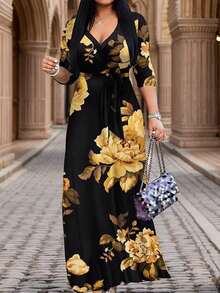 2026 Vestido azul ligero de mujer con cuello en V y cintura ceñida, elegante para primavera/verano - Multicolor - Ver 1