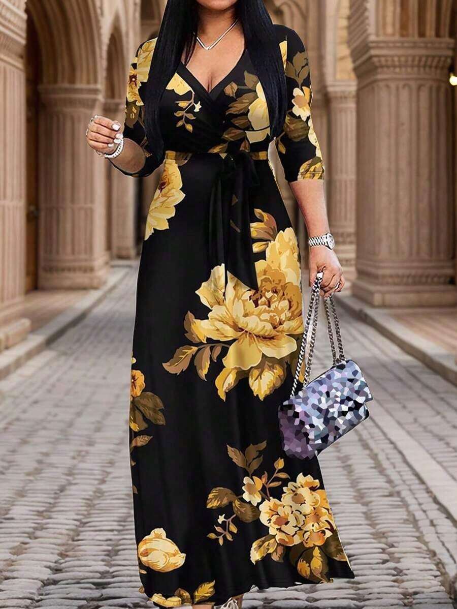 2026 Vestido azul ligero de mujer con cuello en V y cintura ceñida, elegante para primavera/verano - Multicolor - Ver 1