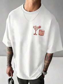 Camiseta de Manga Corta para Hombre, Estampado de Cócteles de Verano, Versátil y a la Moda, Cuello Redondo, 100% Algodón - Blanco - Ver 2
