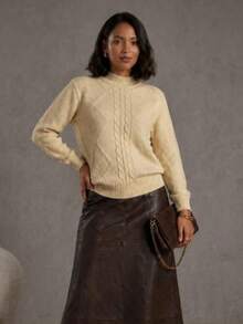 Women's Modal Knit Winter Blouse With Braided High Neck, Modern Style - Cream - View 1