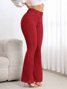 Jeans de talle alto con vuelo de unicolor simple para uso casual y de oficina de las mujeres - Azul 3 - Ver 11