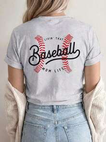 [Double-Sided Print] Women's T-Shirt, Casual Short-Sleeve Crew Neck Top With Baseball Stitching And The Text "LIVIN' THAT MOM LIFE", Machine Washable, Suitable For Casual Wear, Multipurpose Clothing, Fashionable T-Shirt, Comfortable Material, For Style Enthusiasts - 淺灰色 - 查看 2