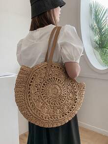 Hollow Out Large Capacity Woven Bag, Versatile Vacation Beach Straw Tote Bag, Commute Artistic Style Shoulder Handbag - Brown - View 3