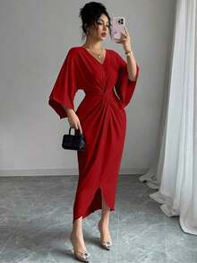 xheElenzga Vestido de manga de murciélago de punto elástico elegante con diseño de giro de cuello en V de longitud media para mujeresxhe - Burdeos - Ver 4