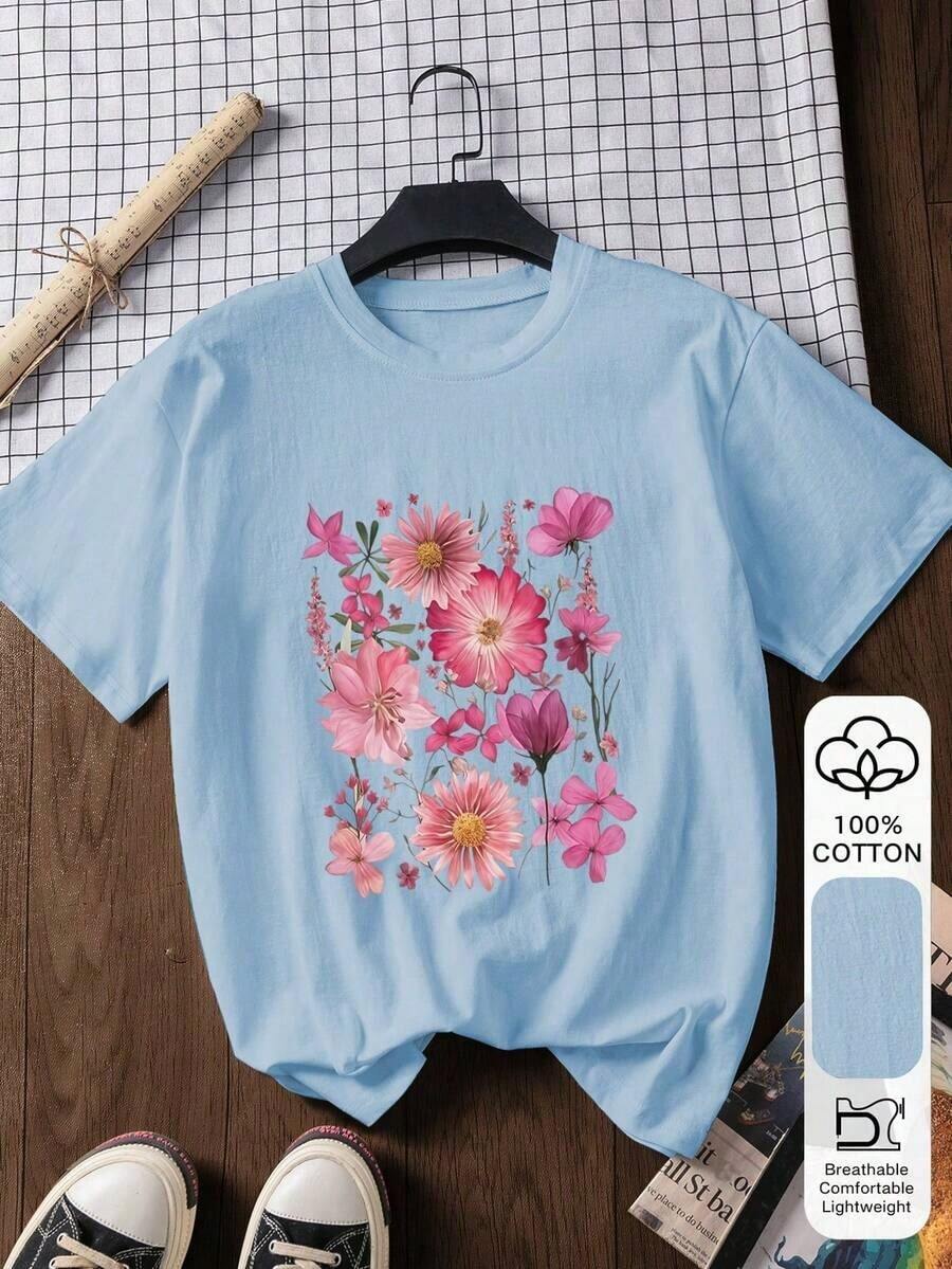 Women's Short-Sleeved T-Shirt, 100% Cotton, With Letter Print, Casual Summer Style, Graphic T-Shirt, Soft Fabric, Cotton Clothing, For Outdoor Use, With Printed Design, Summer T-Shirt, Women's Blouse, Vacation Outfit, Travel Style, Beach Style. - 淺藍色 - 查看 1