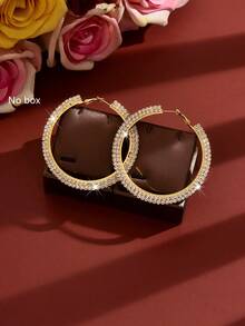 1 Pair Oversized Crystal Hoop Earrings, Double Row Rhinestone Embedded Open Hoops, Exaggerated Earrings For Women, Suitable For Brides, Cocktail Parties And Valentine's Day - Gold - View 3