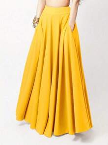 Falda larga casual de unicolor con bolsillos laterales, primavera negro - Amarillo - Ver 6