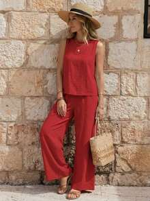 Faunlyn Top tank unicolor & Pantalones de pierna ancha - Rojo - Ver 3