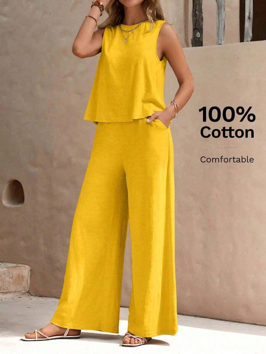 Conjunto informal de dos piezas de color liso para mujer - Amarillo - Ver 1