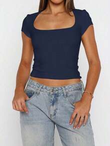 y sexy de punto para mujer Vaiaye, camiseta casual de cuello cuadrado de unicolor, blanco para primavera/verano - Azul marino 2 - Ver 2