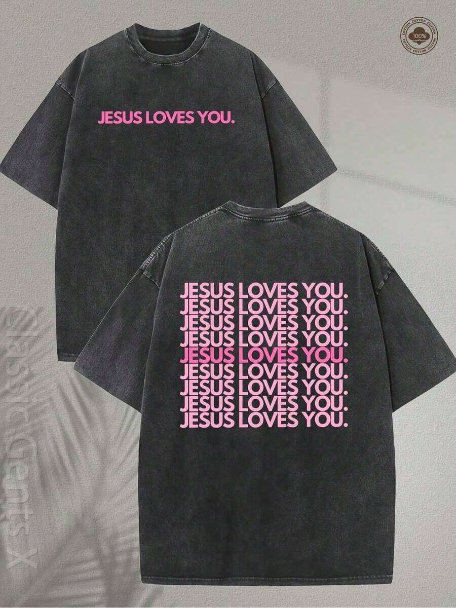 Camiseta de 230GSM con efecto lavado intenso - Camiseta con estampado religioso 'Jesus Loves You', letras en rosa, verde y rosa con impresión a doble cara - Ropa cristiana, top unisex de cuello redondo, adecuada para la iglesia, uso casual, ideal para regalar - Camiseta Y2K de cuello redondo suave y lavable a máquina. - Negro - Ver 1