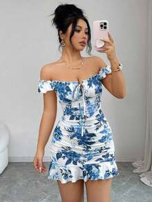 Vestido camisero con volantes en el bajo y hombros descubiertos, estilo vintage con estampado - Vestido entallado de línea A - Azul 2 - Ver 6