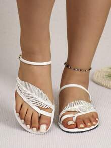 2026 Summer New Rhinestone Tassel Flat Sandals, White Toe-Ring Strap Sandals, Versatile Beach & Date Wear - White - View 2