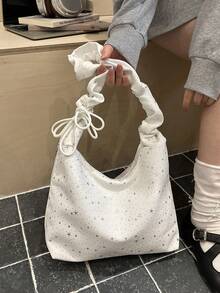 新款韩版极简星形图案斜挎包,大容量腋下包,百搭褶皱休闲单肩包 - 白色 - 查看 5