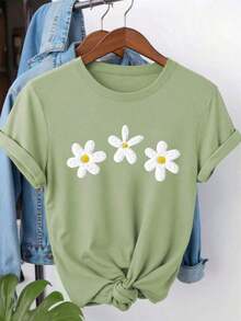 Camiseta de algodón 100% con cuello redondo, manga corta y estampado de perlas falsas, top casual de verano para mujer - verde militar 3 - Ver 6