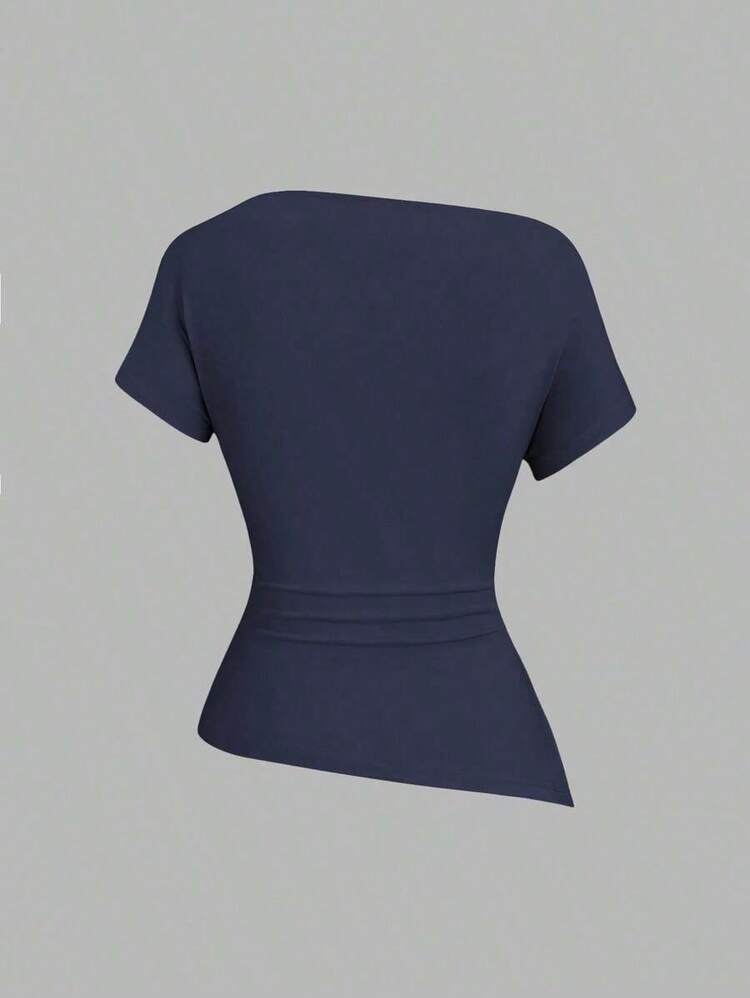 Camiseta casual asimétrica de hombro para mujer - Multicolor - Añade 3