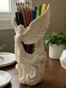1pc Angel Wings Pen Holder Sculpture, Creative Desktop Decor, Art Ornament Gift - White - View 4