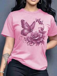 1pc Playera De Algodón Para Mujer Con Estampado De Letras, Cuello Redondo Y Diseño Minimalista, Cómoda Y Transpirable Para Uso Diario Y Fiestas De Verano - Rosa - Ver 1