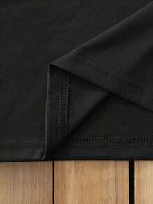 Round Neck T-Shirt With Poker Q Print, 100% Cotton, Casual Short Sleeve T-Shirt For Spring Summer, Women's Clothing - 黑色 - 查看 4