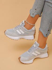Women's Platform Sneakers With Geometric Pattern, Preppy Style, Suitable For Spring And Autumn - Grey - View 2