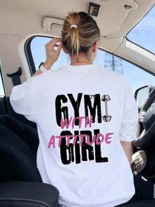 Women's Motivational Printed T-Shirt With "Gym Girl, With Attitude" Text, All-Season Casual Wear - T-Shirt, Clothing, Apparel, Lettering, Durable Construction, Short Sleeve T-Shirt, Women's Casual Letter Print Loose Crew Neck Short Sleeve Spring-Summer Gym T-Shirt DKKE - 白色的 - 查看 6