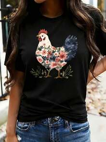 1 pieza Camiseta de mujer de talla grande con estampado gráfico, manga corta, estilo casual, cuello redondo, 100% algodón, 220g/180g. - Negro - Ver 7