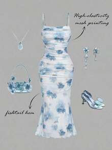 Vestido con estampado floral colorido y romántico en rosa, con pliegues - Perfecto para vacaciones, citas, picnics, fiestas, bailes de graduación, festivales y cumpleaños; Romántico y lindo - Celeste - Ver 2