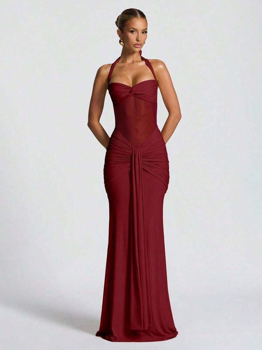 Vestido con tirantes finos, espalda descubierta, cintura ceñida y abertura alta, vestido de fiesta de vacaciones con parches de malla para boda - Burdeos - Ver 1