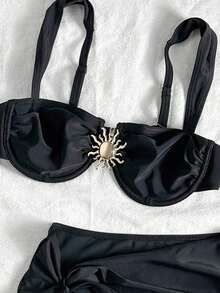Conjunto de traje de baño tipo tankini de 3 piezas de unicolor, diseño de tirantes anchos con aros para un soporte cómodo, estilo de playa de moda, perfecto para fiestas de playa y piscina en verano Blanco - Negro - Ver 7