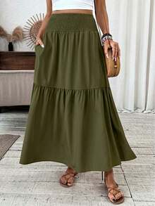 Women's Long Ditsy Floral Skirt, Casual Elastic Waist With Pockets, Ruffle Hem, A-Line Skirt For Summer Spring - 軍綠色 - 查看 3