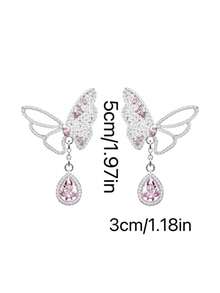 1 Pair Fashionable Delicate Pink Rhinestone Butterfly Earrings, Suitable For Women To Wear In Any Occasion, Great Gift For Lover - Pink - View 4