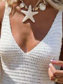 Sleeveless Knit Dress With V-Neck And Open Back, Casual Style For Beach And Spring/Summer Vacation - 白色 - 查看 5